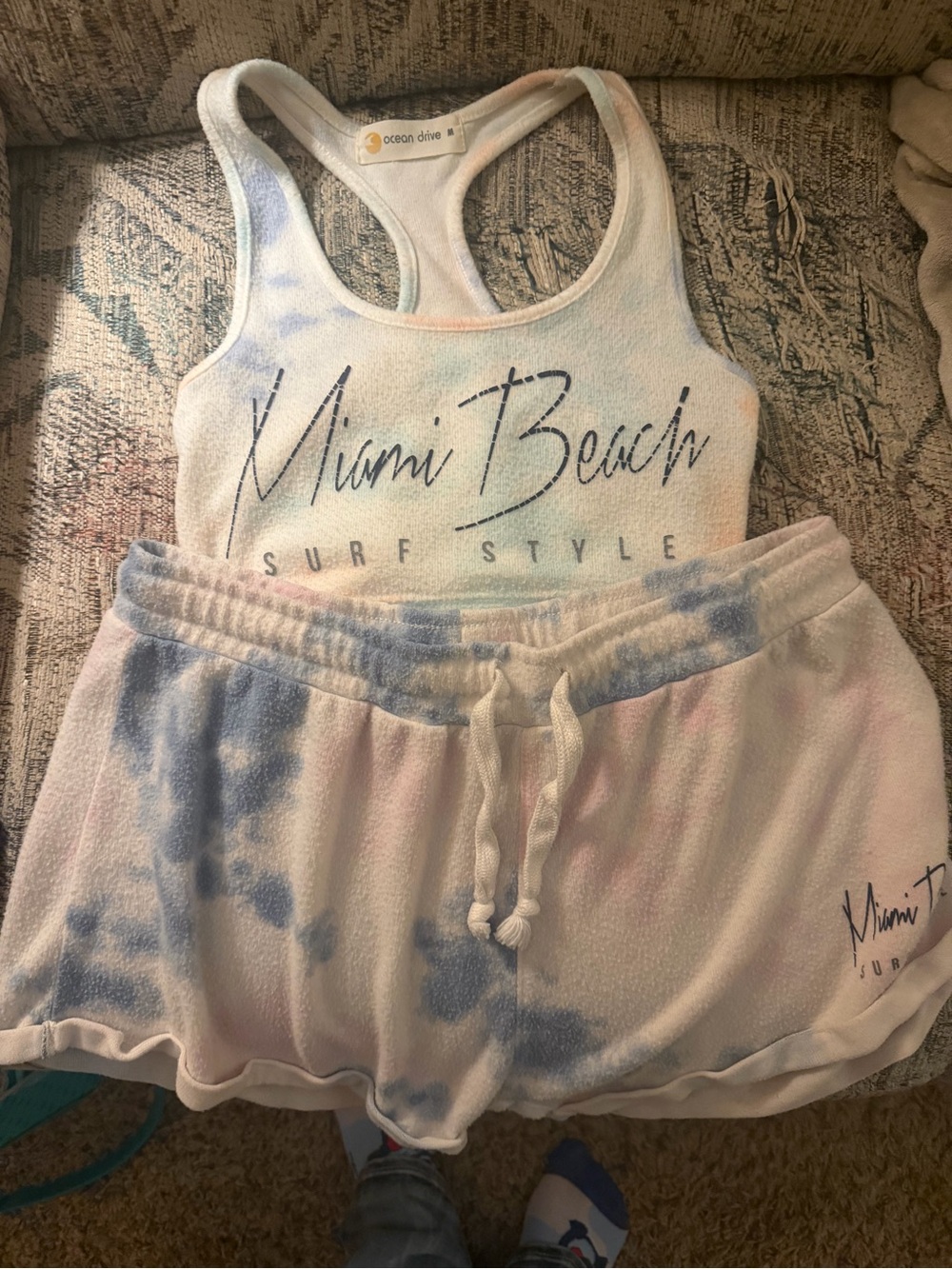 Ocean Drive Pastel Tie-Dye Racerback Tank & Drawstring Shorts Set - Blue & Pink